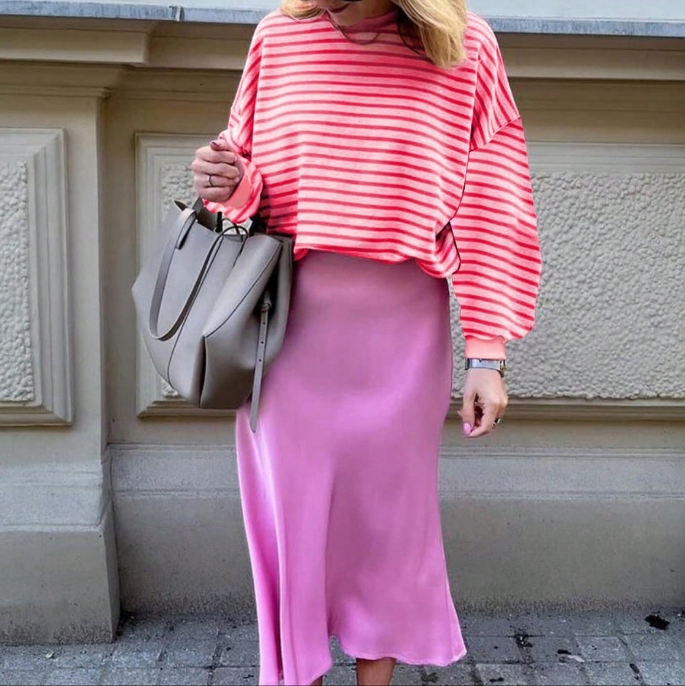Women's Dropped Shoulder Striped Print Casual Fall Sweatshirt - Picture 3 of 3